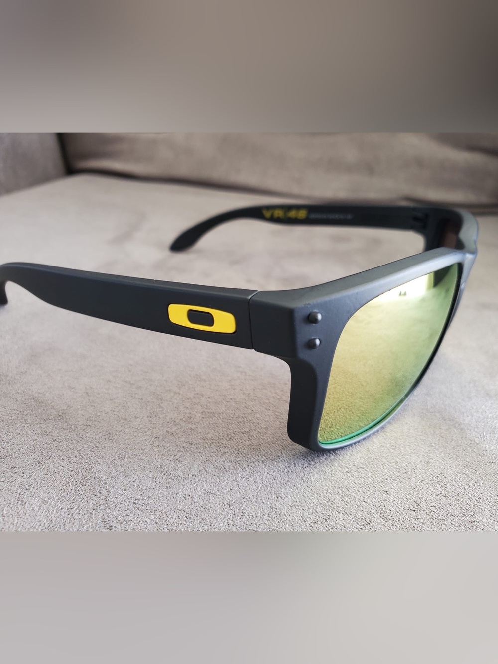 Oakley Matte Black Sunglasses with Gold Mirror Lenses and Yellow Logo